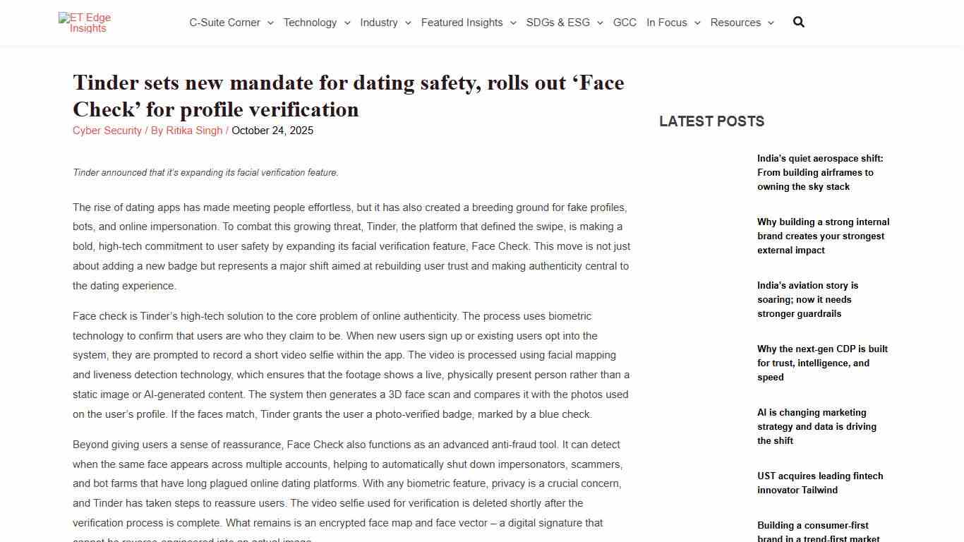 Tinder sets new mandate for safety, rolls out 'Face Check'