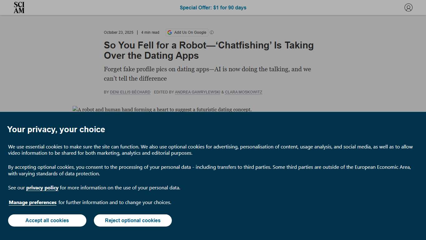 The Rise of AI ‘Chatfishing’ in Online Dating Poses a Modern Turing Test Scientific American